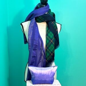 Plaid Scarf, purple/gold Scarf & Clinique Cosmetic Bag trio